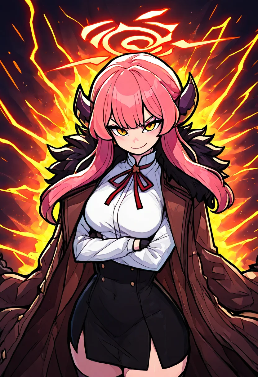 masterpiece, best quality, medium breasts, (curvy), zzAru, yellow eyes, pink hair, long hair, demon horns, halo, brown coat, white shirt, black skirt, red ribbon, fur-trimmed coat, , <lora:AruBlueArchive_NAI:1.0>,, smile, looking at viewer, cowboy shot, aura, energy, electricity, dynamic pose, ,<lora:EnergyCAT_NAI:1.0>,