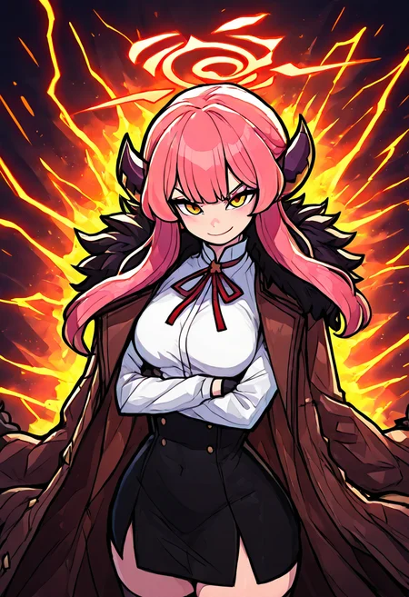 masterpiece, best quality, medium breasts, (curvy), zzAru, yellow eyes, pink hair, long hair, demon horns, halo, brown coat, white shirt, black skirt, red ribbon, fur-trimmed coat, , <lora:AruBlueArchive_NAI:1.0>,, smile, looking at viewer, cowboy shot, aura, energy, electricity, dynamic pose, ,<lora:EnergyCAT_NAI:1.0>,