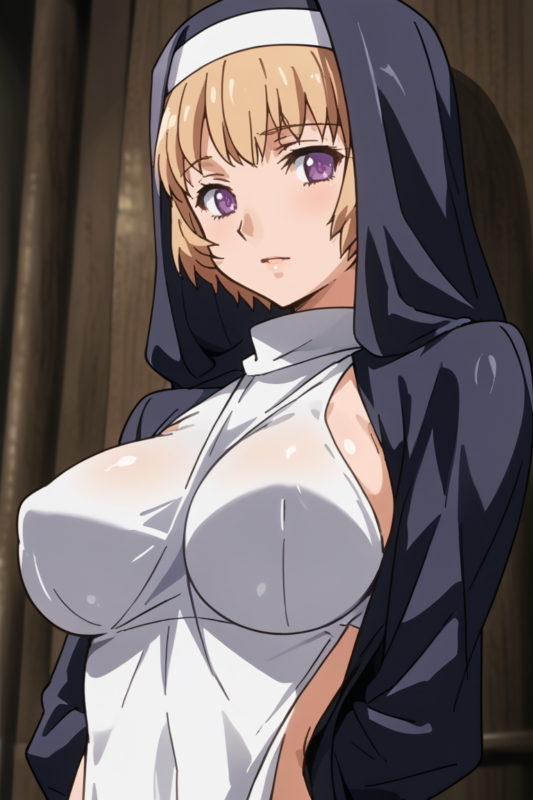 source_anine, breasts, 1girl, , nun, , large breasts, solo, purple eyes, , blonde hair, robe, short hair