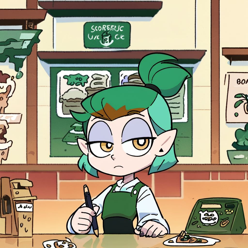 score_9, score_8_up, score_7_up, 1girl, amity blight, yellow eyes, pointy ears, green hair, medium hair, half updo, upper body,
standing, looking at viewer, bags under eyes, 
cafe, behind counter, frown, starbucks, starbucks barista, powerpuff, only
1 pen in scene,