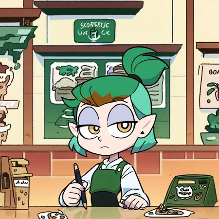 score_9, score_8_up, score_7_up, 1girl, amity blight, yellow eyes, pointy ears, green hair, medium hair, half updo, upper body,
standing, looking at viewer, bags under eyes, 
cafe, behind counter, frown, starbucks, starbucks barista, powerpuff, only
1 pen in scene,