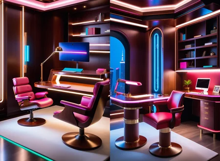 masterpiece, high quality,, a reij study room, cherry wood details, neon color and ambient neon light, table and executuve chair <lora:reij-neonelegance:0.7>