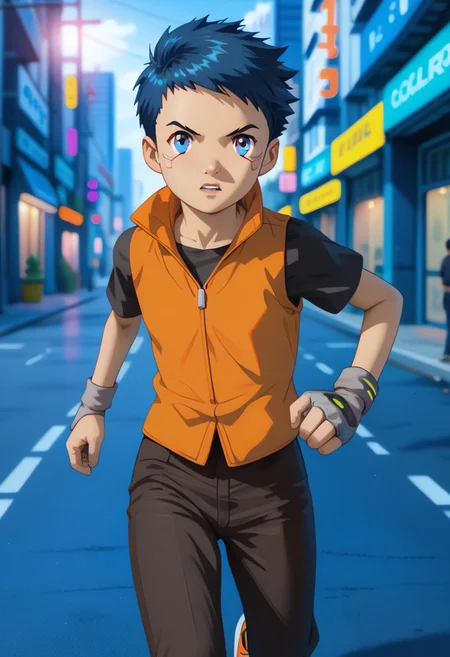 score_9, score_8_up, score_7_up, score_6_up, masterpiece, best quality, amazing quality, best aesthetic, absurdres, intricate details, detailed face, henry wong, blue hair, grey eyes, orange vest, black shirt, grey wristbands, dark brown trousers, running, dynamic pose, parted lips, looking at viewer, ultra highres, depth of field, chromatic aberration, caustics, Broad lighting, natural shading, outdoors, street, cyberpunk style