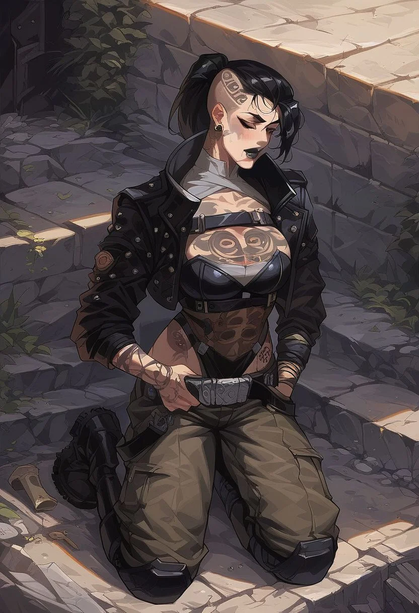 Score_9_up, score_8_up, score_7_up, (1girl, jack, ponytail, black lips, tattoos, open leather jacket, white wrappings, or leotard, cargo pants, hip cutouts, belt, boots,) on knees, Expressiveh, dirty sci-fi alleyway, black hair,