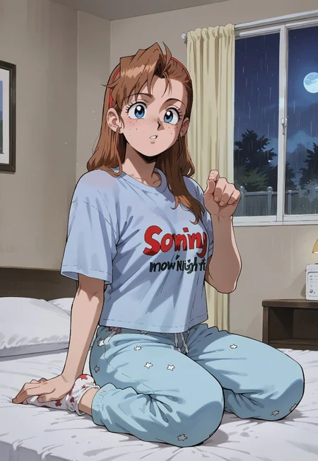 safe_pos, safe_pos, score_9, score_8_up, score_7_up, score_6_up
BREAK
gunsmith, becky farrah, brown hair, freckles, blue eyes, no eyewear, long hair, loose t shirt, pajama pants, socks, comfy on bed, lay on bed, dinamic pose, warm bed, rainy (((night)))