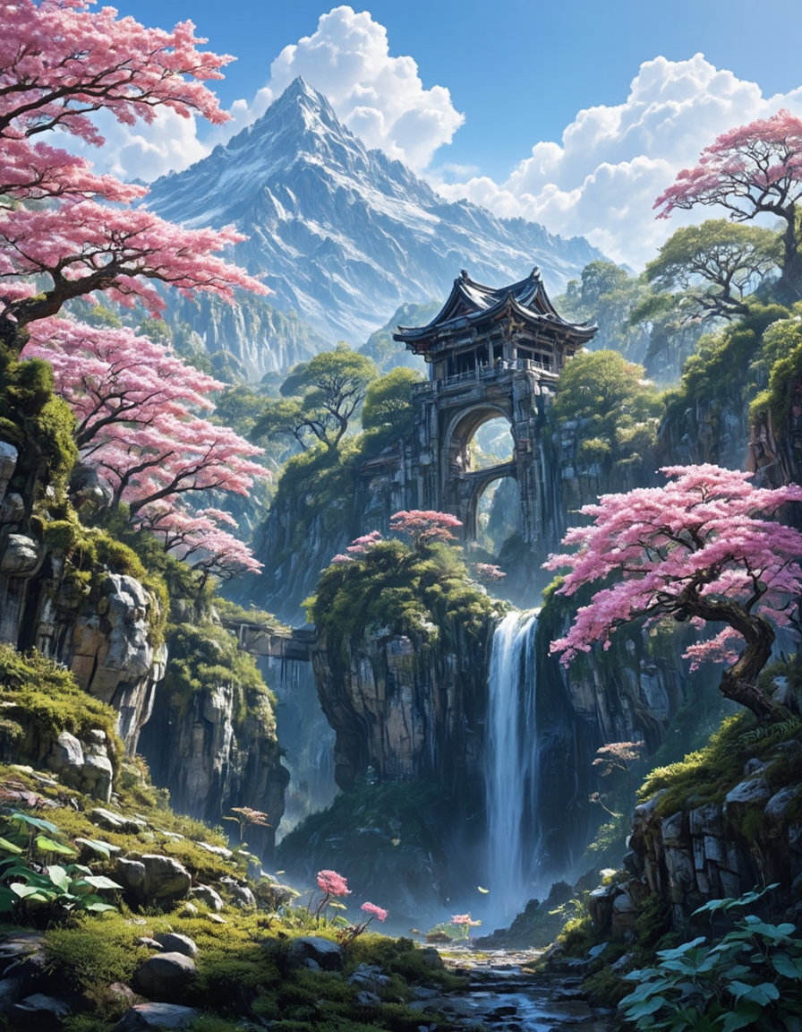 <lora:SWL_Stations1v2flux:1> lostst1, mountains, trees, waterfall, jungle, old stone temple, cherry blossom