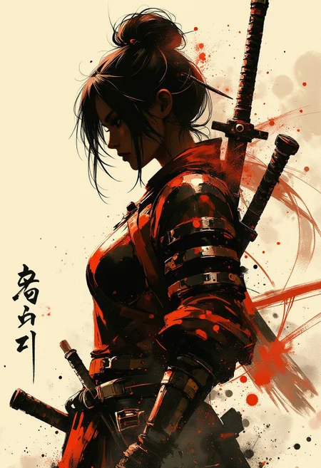 in the style of ck-mgs, nistyle, Special Ink-drawing mode, intricate linework with expressive contrasts, Mh1$AgThS2, Inkplash art on rice paper, sepia, henna , Silhouette Art, magnificent, inksplash image of female warrior in samurai red leather armour, silhouetted, chiascuro, directional light, japanese kanji