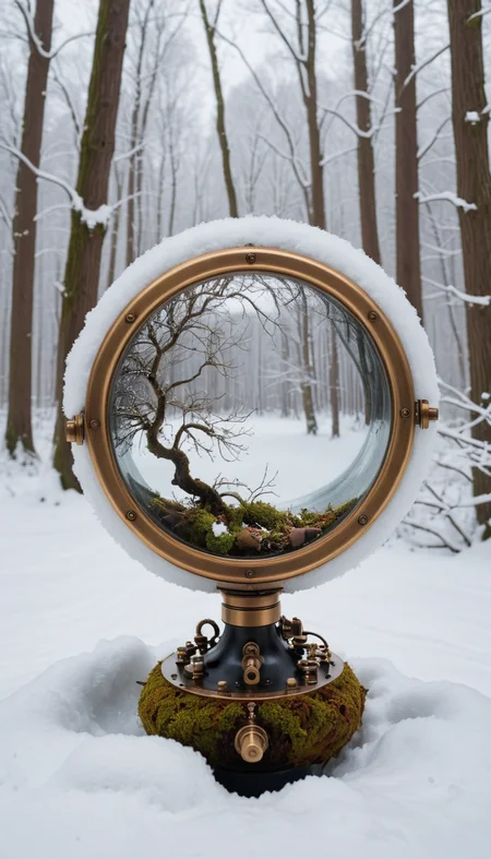Graceful ("Through the looking glass of imagination, worlds collide, merging reality and dreams into a tapestry of wonder.":1.3) , vegetation, Snowy, Simple and clean, Tranquil, Steampunk Art, Depth of field 100mm, Cathode tube, attractive, <lora:RMSDXL_Creative:3>