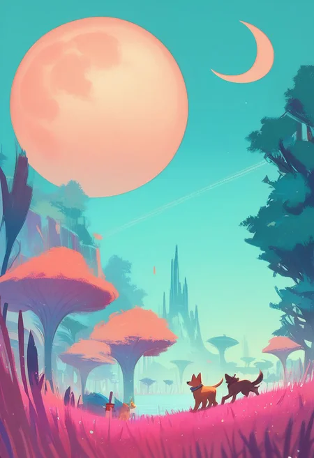 score_9, score_8_up, score_8, zPDXL,
BREAK,
scifi, outdoors, sky, day, blue sky, no humans, animal, moon, grass, dog, crescent moon, pink grass, teal sky,