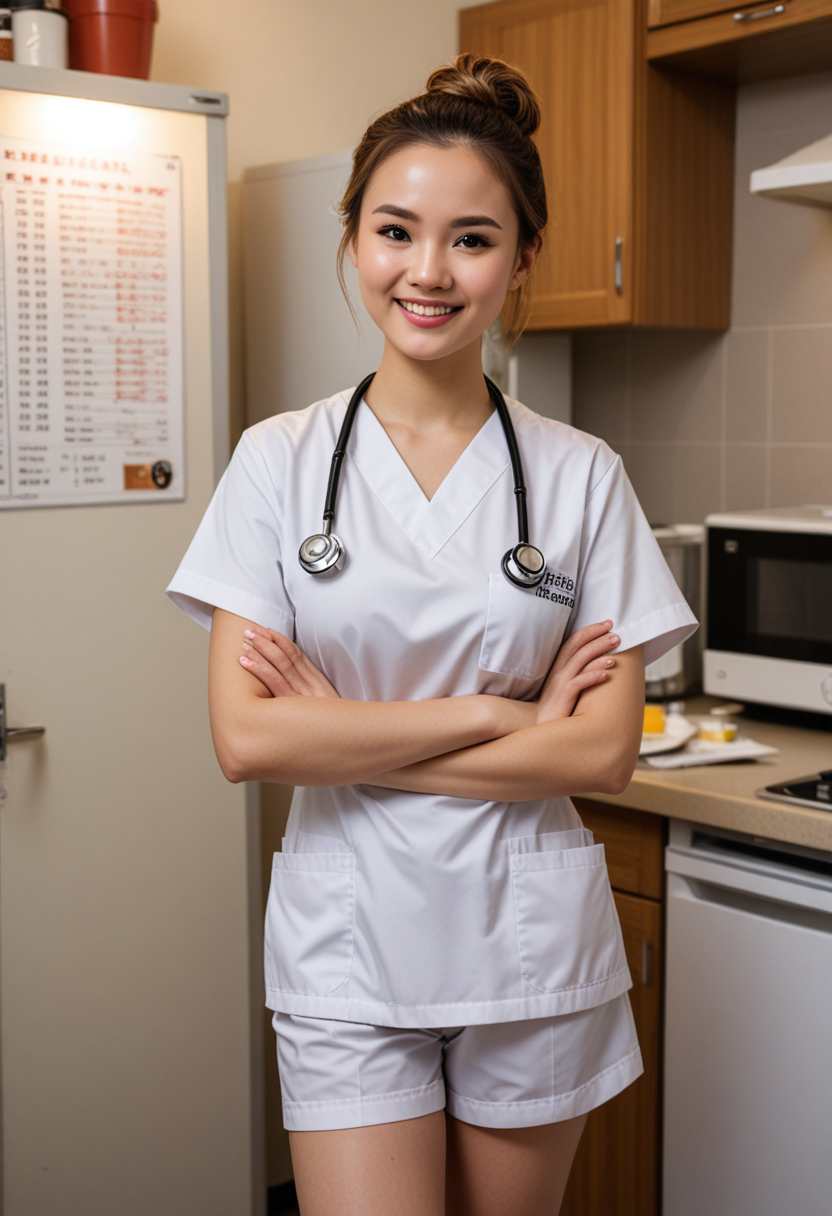 (medium full shot) of  (sexy doctor) young woman, chinese, light skin, light brown eyes, petite build, short hazel bun hair,  wearing a medical uniform top, medical trousers, clogs, holding a penlight, set in  Staff Lounge, Cozy room with comfortable seating, a coffee table strewn with medical journals and magazines, a refrigerator for storing meals, a microwave oven for reheating food, a whiteboard for leaving messages and schedules, at night, woman laughing, arms crossed, Masterpiece,best quality, photo, realistic, very aesthetic, detailed face,