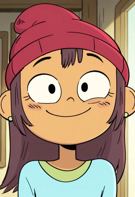 masterpiece, best quality, amazing quality, Lily Pak, solo, 1girl, black eyes, long dark brown hair, specks on cheeks, red beanie, long sleeved cyan shirt, green earrings, bara, close-up, smile