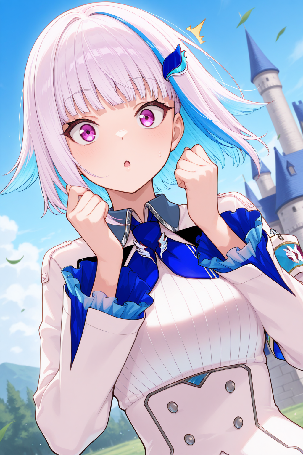 1girl, LizeHelestaNijisanji, 
general, solo, dutch angle, upper body,
short hair, purple eyes, looking at viewer,
surprised, hands up,
long hair, white jacket, double-breasted,
frilled sleeves, armband, safety pin, 
blue necktie,
collared shirt, large breasts,
blue sky, fantasy, castle, wind,
<lora:kp_LizeHelestaNijisanji1stCostumeIllustrious_v1_0:1.0>,
masterpiece, best quality, amazing quality