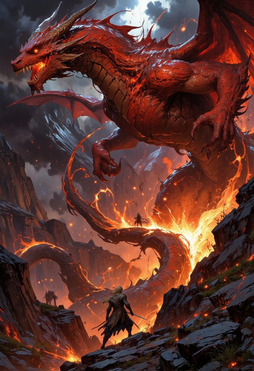 portrait of a ginger female highland warrior holding a sword facing and looking at an aggressive red winged flying FluxEpicDragon, erupting volcano background, there is a sense of adventure and danger, correct digits, perfect expressive eyes, perfect pupils, otherworldly, interesting color pallet, Stunning visuals, Texture, beautiful face features, MurphFSF