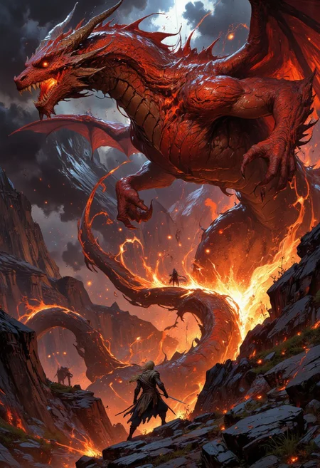 portrait of a ginger female highland warrior holding a sword facing and looking at an aggressive red winged flying FluxEpicDragon, erupting volcano background, there is a sense of adventure and danger, correct digits, perfect expressive eyes, perfect pupils, otherworldly, interesting color pallet, Stunning visuals, Texture, beautiful face features, MurphFSF