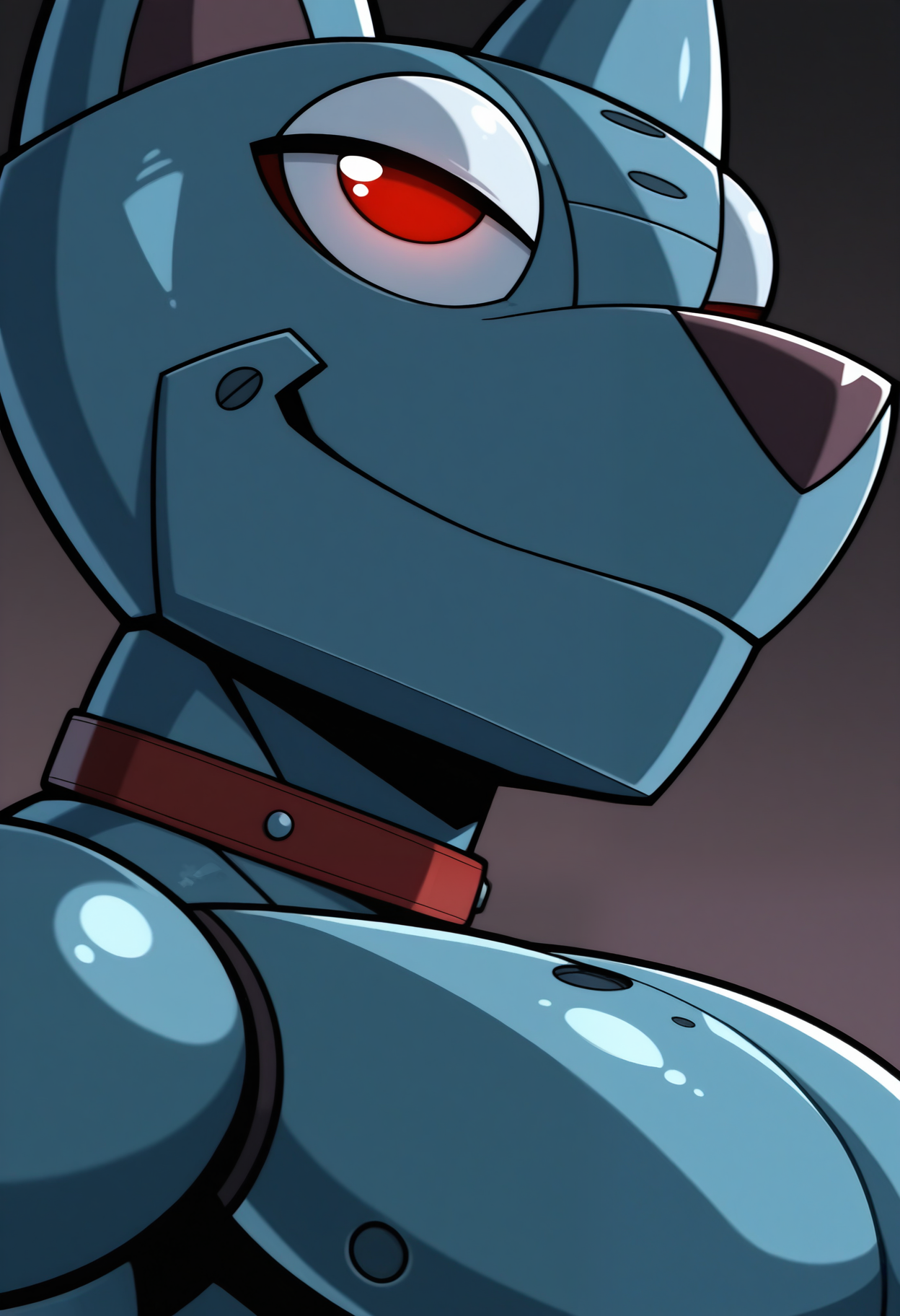 masterpiece,best quality,amazing quality, 1boy, solo, 3nr1qu3, robot dog, anthro, muscular, red eyes, red collar, close up, side angle, smug,