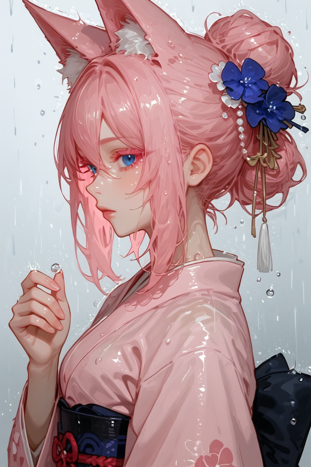 1girl, animal ears, solo, japanese clothes, hair ornament, fox ears, kimono, blue eyes, flower, profile, hair flower, pink hair, from side, looking at viewer, single hair bun, upper body, water drop, hair bun, , rain, animal ear fluff, holding, closed mouth, simple background, hair between eyes, pink kimono, expressionless, sidelocks, pink colored eyelashes, portrait, hydrangea, raining, sideways glance
<lora:re--mix1:1>