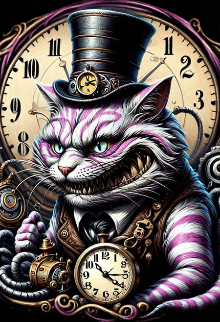 T-shirt design, steampunk, art  , cheshire cat, with tophat and clock embedded in it, old-school style tattoos