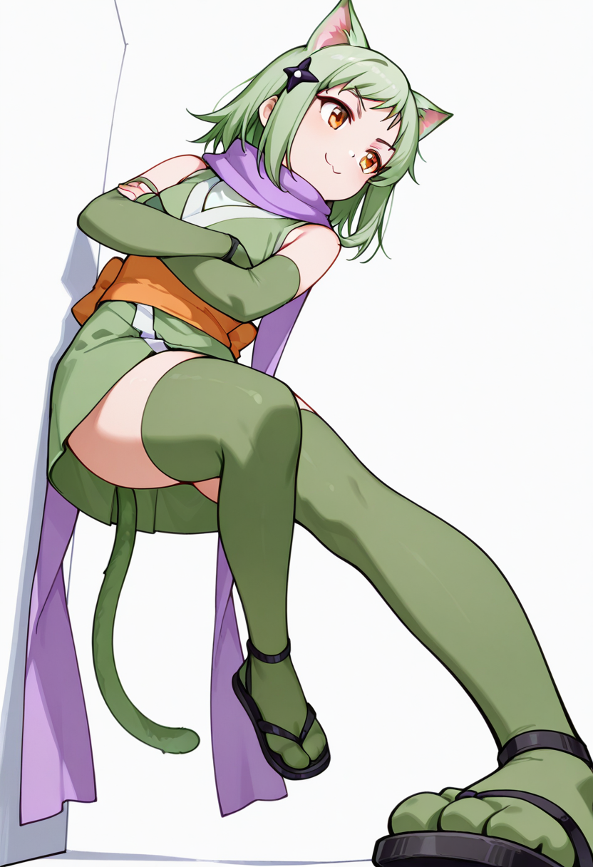 masterpiece,high quality details, absurdres, 
leaning against wall, one foot up, arms crossed, looking away,,
 <lora:Mao_Kusagakure:0.8>
mao_cnr, 1girl, green hair, short hair,orange eyes, cat ears,cat tail, cat paws,hair ornament, 
ninja, japanese clothes, kimono, sleeveless kimono,purple scarf,elbow gloves,green thighhighs, sandals,, c:,, simple background, white background, from below,solo,, bishop sleeve blouse  ,collared shirt,circle skirt,  ,toe socks,