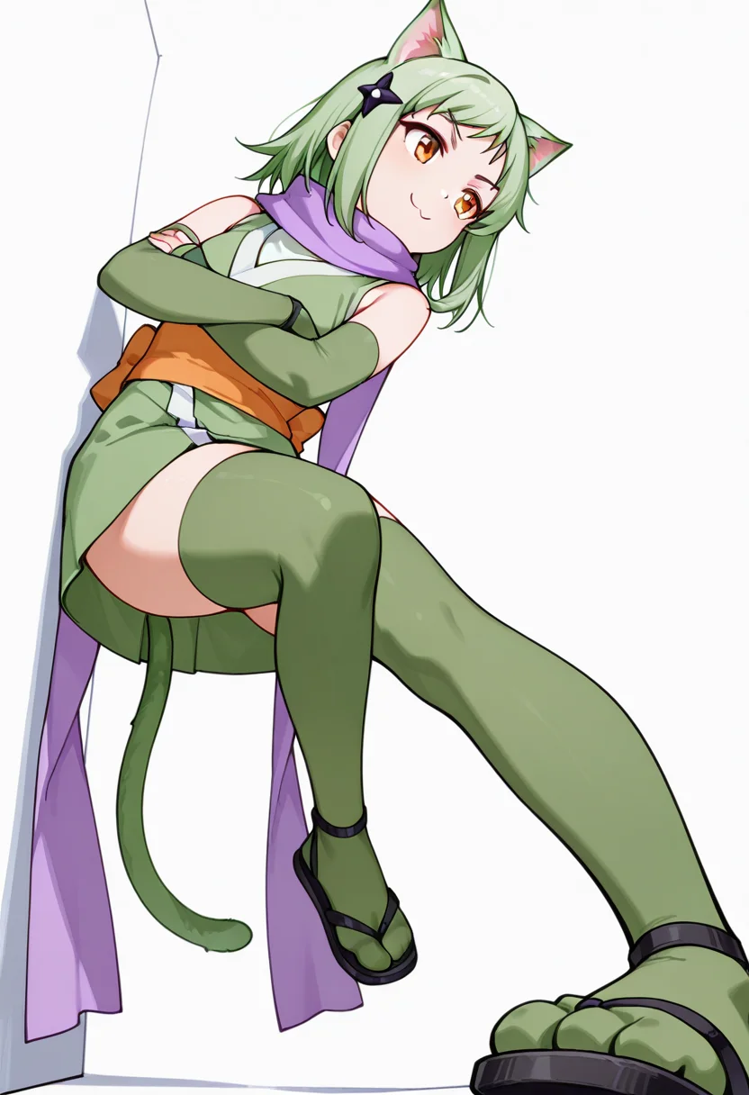 masterpiece,high quality details, absurdres, 
leaning against wall, one foot up, arms crossed, looking away,,
 <lora:Mao_Kusagakure:0.8>
mao_cnr, 1girl, green hair, short hair,orange eyes, cat ears,cat tail, cat paws,hair ornament, 
ninja, japanese clothes, kimono, sleeveless kimono,purple scarf,elbow gloves,green thighhighs, sandals,, c:,, simple background, white background, from below,solo,, bishop sleeve blouse  ,collared shirt,circle skirt,  ,toe socks,