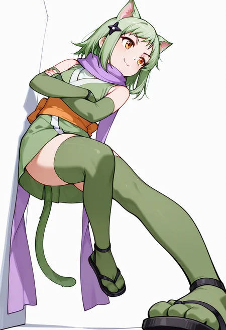masterpiece,high quality details, absurdres, 
leaning against wall, one foot up, arms crossed, looking away,,
 <lora:Mao_Kusagakure:0.8>
mao_cnr, 1girl, green hair, short hair,orange eyes, cat ears,cat tail, cat paws,hair ornament, 
ninja, japanese clothes, kimono, sleeveless kimono,purple scarf,elbow gloves,green thighhighs, sandals,, c:,, simple background, white background, from below,solo,, bishop sleeve blouse  ,collared shirt,circle skirt,  ,toe socks,