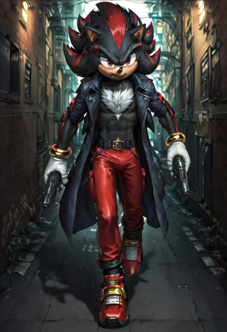 zPDXL3,RE_Engine,score_9_up,score_8_up,score_7_up,detailed,(best quality:1.2),digital media \(artwork\), BREAK, solo,best quality, 1boy, solo male, shadow the hedgehog, furry, red eyes, black fur, white chest tuft, black open coat, gold bracelets, white gloves, black belt, red pants, red shoes, gold anklets, running, blue aura, spiked hair, hedgehog, street alley, night, dynamic lighting, full body, dual wielding handguns, rifle on back