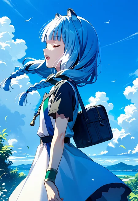 score_9,score_8_up,score_7_up,source_anime,Atla Fayon,1girl,solo,open mouth,dress,closed eyes,braid,short sleeves,outdoors,sky,day,cloud,blunt bangs,from side,blue sky,wristband,
