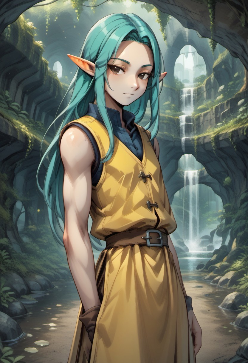 Caitis, 1 person, Lapanya, light skin, teal hair, ((tall)), solo, pointy ears, brown eyes, long hair, sleeveless vest,
 half-lidded eyes,
((Megaman zero style, medieval style)):1.0, Dutch angle, side view,
Organic cavern, underground, luminous moss, smooth walls,
highly detailed face, high quality, best quality, masterpiece, score: 9, score: 8 up, rating: safe, ((source: anime)),