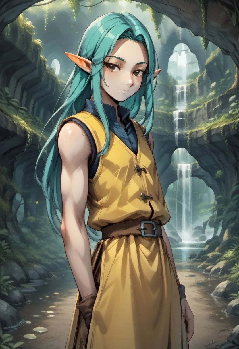 Caitis, 1 person, Lapanya, light skin, teal hair, ((tall)), solo, pointy ears, brown eyes, long hair, sleeveless vest,
half-lidded eyes,
((Megaman zero style, medieval style)):1.0, Dutch angle, side view,
Organic cavern, underground, luminous moss, smooth walls,
highly detailed face, high quality, best quality, masterpiece, score: 9, score: 8 up, rating: safe, ((source: anime)),