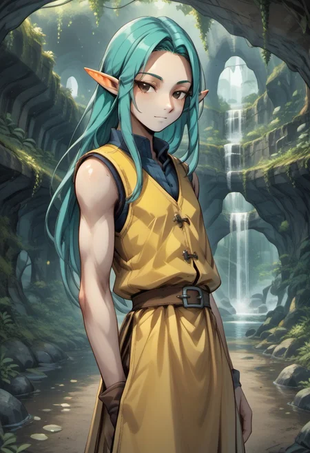 Caitis, 1 person, Lapanya, light skin, teal hair, ((tall)), solo, pointy ears, brown eyes, long hair, sleeveless vest,
half-lidded eyes,
((Megaman zero style, medieval style)):1.0, Dutch angle, side view,
Organic cavern, underground, luminous moss, smooth walls,
highly detailed face, high quality, best quality, masterpiece, score: 9, score: 8 up, rating: safe, ((source: anime)),