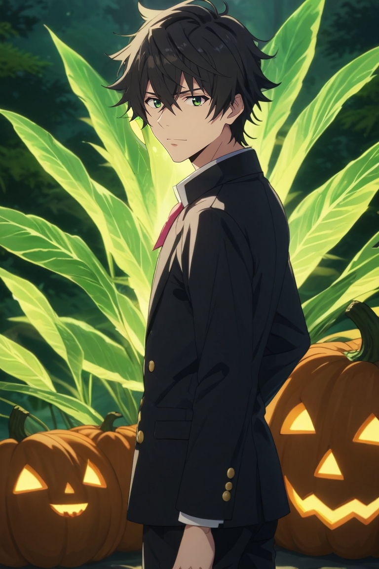 score_9, score_8_up, score_7_up, source_anime, rating_safe, intricate details, anime screencap, , , looking at viewer, , 1boy, solo, male focus, <lora:naofumi_iwatani_pony:0.74>, naofumi_iwatani, black hair, green eyes, short hair, hair between eyes, bangs, cowboy shot, energy plant, dawn, ass, :\3, halloween costume, <lora:sdxl_lightning_8step_lora:1>