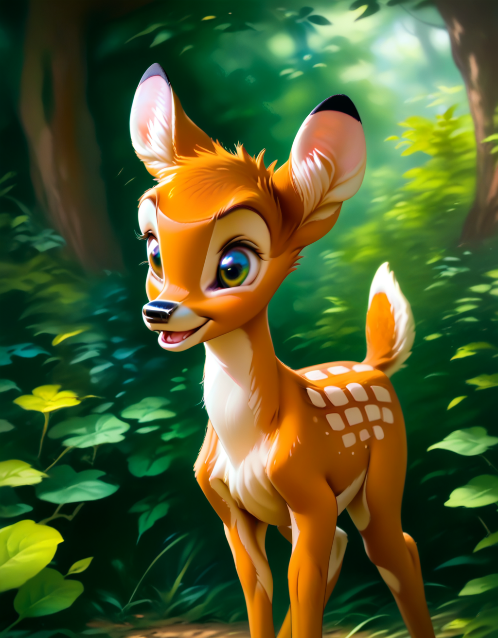 score_9, score_8_up, score_7_up, score_6_up,
bambi, young, adult, no horns, deer, solo, ((Four legs,)) hyperdetailed, detailed fur, happy, forest,
<lora:add-detail-xl:0.8><lora:Bambi:1>  <lora:Furry Enhancer 6.1:2>