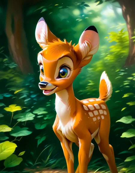 score_9, score_8_up, score_7_up, score_6_up,
bambi, young, adult, no horns, deer, solo, ((Four legs,)) hyperdetailed, detailed fur, happy, forest,
<lora:add-detail-xl:0.8><lora:Bambi:1>  <lora:Furry Enhancer 6.1:2>