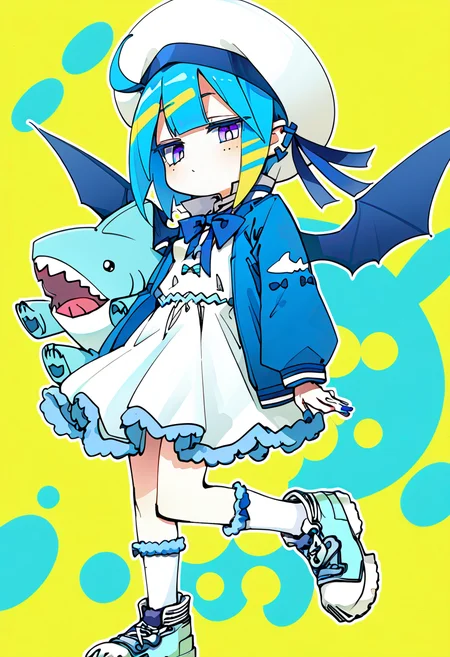 (score_9:0.9),score_8_up,score_7_up,rating_safe,unaestheticXL_3x3,anime style,(zPDXL), <lora:Live twin ponyXL v1:1>, 1girl, chibi, small breasts, lil la, white dress, blue jacket, white socks, white sailor hat, blue demon wings, blue sneakers, blue ribbon, stuffed shark toy, object hug,