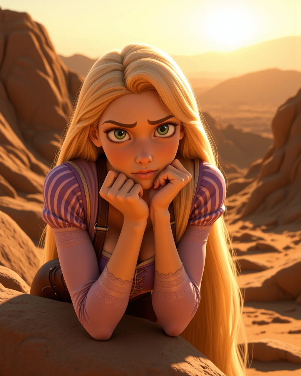 dynamic view, looking at viewer, outdoors daylight, Pensive with furrowed brows, eyes fixed downward, and fingers resting against the chin.
A woman leans against a large rock in the desert, taking a break from her hike as the sun begins to set, casting long shadows across the barren landscape. in a dynamic pose
<lora:Disney_-_Rapunzel_v2-000030:1> d-rapunzel a 20 year old adult woman with green eyes and blonde hair. In her iconic outfit