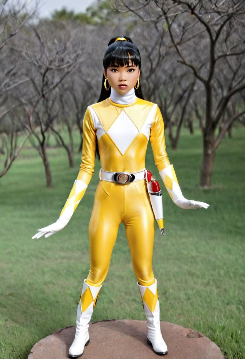 figurine, Trini Kwan, alone, long black straight ponytail hair, fringe, bangs, it's morphin time, helmetless, yellow power ranger, uniform, yellow catsuit, white turtleneck collar, white gloves boots belt, red holstered weapon, neutral facial expression, large chunky steel hoop earrings, in action, facing camera, looking at viewer