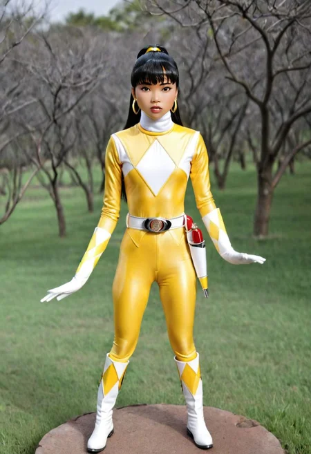 figurine, Trini Kwan, alone, long black straight ponytail hair, fringe, bangs, it's morphin time, helmetless, yellow power ranger, uniform, yellow catsuit, white turtleneck collar, white gloves boots belt, red holstered weapon, neutral facial expression, large chunky steel hoop earrings, in action, facing camera, looking at viewer