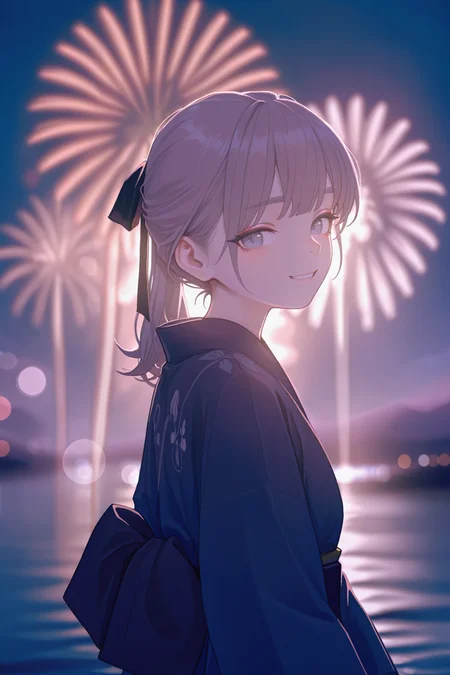 masterpiece, best quality, absurdres, safe
1girl, lapwing, grey hair, grey eyes, ponytail, hair ribbon,
kimono, japanese clothes, smile, looking at viewer, head tilt, from side,
dark background, [black background, ::0.3] [blue theme, ::0.1]
night, aerial fireworks, backlighting, blurry background, depth of field, bokeh, 
fkey, konya karasue, 
<lora:lapwing_il_2_d16:1>
<lora:backlighting_il_2_d16:1>
<lora:wide_shot_il_1_d32:0:hr=1>
