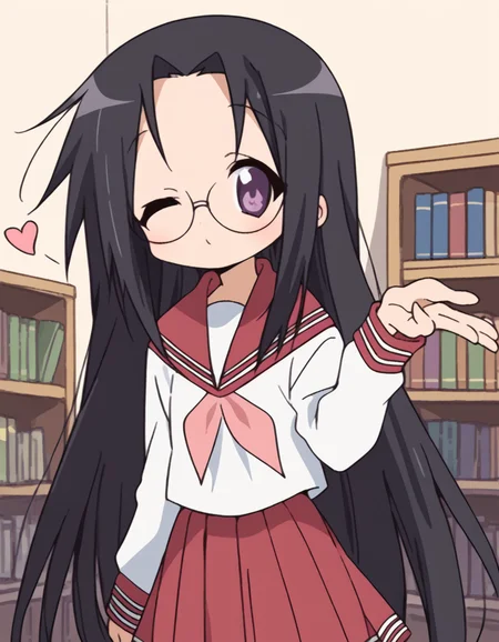 score_9, score_8_up, score_7_up, source_anime, <lora:hiyori-tamura-s1-ponyxl-lora-nochekaiser:1>, hiyori tamura, long hair, black hair, very long hair, purple eyes, glasses,, skirt, long sleeves, school uniform, pleated skirt, serafuku, sailor collar, neckerchief, red skirt, ryouou school uniform,, library, reading books, glasses, quiet, focused, shelves of books, smile, <lora:blowing-kiss-ponyxl-lora-nochekaiser:1>, blowing kiss, pucked lips, heart, one eye closed, o3o, hand up, bed room, bed, blush, cowboy shot, dutch angle,, looking at viewer, solo,, dutch angle, cowboy shot