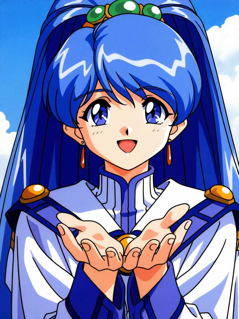 general,highres, game cg, ultra-detailed,very aesthetic,best quality ,best hands,  BREAK   <lora:Sakuya_Lansaihe_IS:1>Sakuya_Lansaihe, very blue hair, long hair, blue eyes, high ponytail, long sleeves, 
 1girl, solo, 1990s (style), retro artstyle, smile, open mouth, upper body,  looking at viewer, hairband, :d
blue sky,