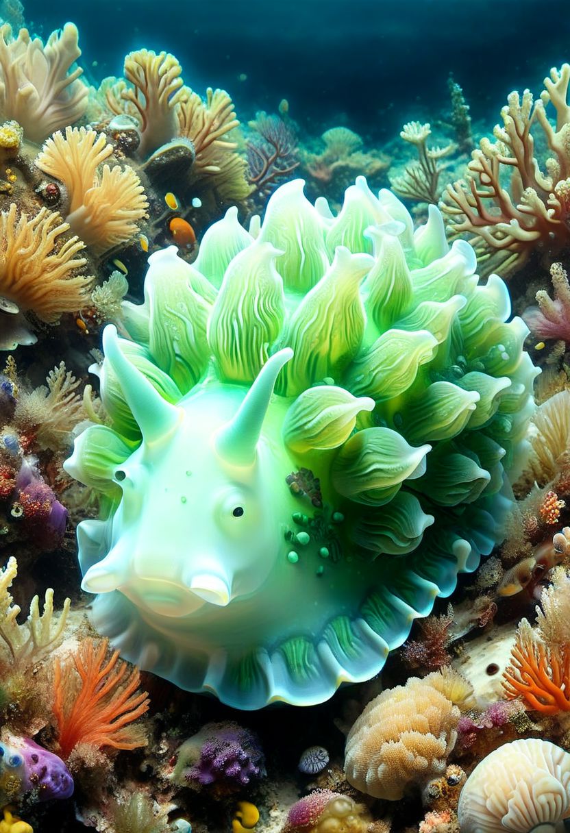 happy cow in the shape of a sea snail, tilted, glowing,translucent Subsurface Scattering ,at the bottom of the coral reef,aquatic vegetation,shells,underwater, 8k, leafsheep