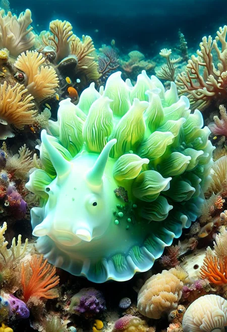 happy cow in the shape of a sea snail, tilted, glowing,translucent Subsurface Scattering ,at the bottom of the coral reef,aquatic vegetation,shells,underwater, 8k, leafsheep