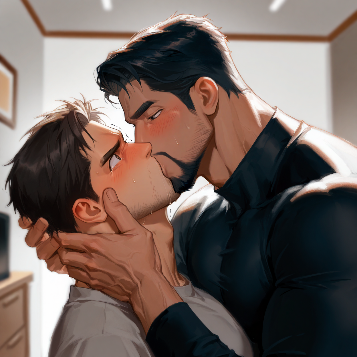 <lora:forcedkiss_illus-07:.75>, ((forced kiss, 2boys, holding another's head, dominant male))
(very short hair, beard, bara, mature, facial hair, stubble, beard, full beard, sideburn, beard, a lot of beard, ), facial hair,male focus, muscular male, muscular male, bara, mature,  bara, mature, aixiwuganda_(20222192), very awa, masterpiece, best quality, absurdres, newest, perfect quality, detailed background, intricate details,
<lora:slider_Body Type_alpha1.0_rank4_noxattn_last:3><lora:Anime Summer Days 2 Style SDXL_LoRA_Pony Diffusion V6 XL:.6><lora:slider_cfg_scale_boost:.7><lora:Artist6p:.55>, Artist6p, Artist04p,<lora:slider_il_brightness_slider_d1:-1><lora:slider_il_contrast_slider_d1:-1><lora:slider_DarkSlider1.2_alpha1.0_rank16_full_300steps:-.6>