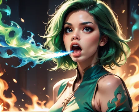 <lora:fire_breath_pony-6:0.4>,FireBreath,blue fire,
score_9,score_8_up,score_7_up,score_6_up,score_5_up,
solo,1girl,breathing fire,green hair,black eyes,realistic,open mouth,