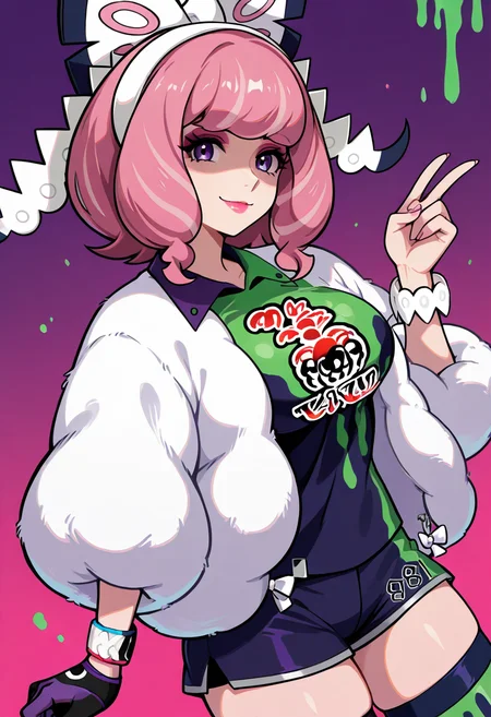 masterpiece, best quality, 1girl, solo, eyelashes, (beautiful eyes), zzKlara, purple eyes, pink hair, pink lips, makeup, eyeshadow, jacket, shirt, pink eyeshadow, hairband, bracelet, mismatched legwear, shorts, single glove, smile, thighhighs, white jacket, fur coat, ,<lora:KlaraPokemon_IXL_v2:1.0>,