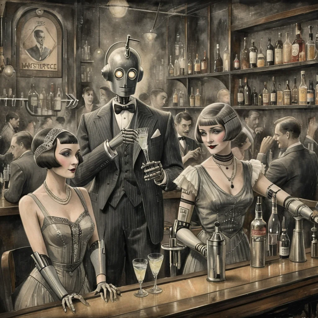 masterpiece, best quality, <lora:add-detail-xl:1> <lora:ArsMJStyle_-_Vintage_Future:0.8> ArsMJStyle A Jazz Age speakeasy with robot bartenders and patrons in period clothing. Traditional Media, charcoal and pastel effect.