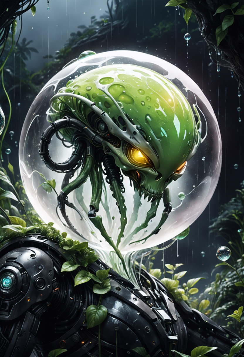 cinematic film still The cyborg's white, rugged exoskeleton has a glass sphere in its body that houses an alien composed of slime,
art work, dark atmosphere,  rainy, 
Style: science fiction, dark fantasy, hyperrealism, microdetalisation, cluttered, luminous, volumetric.
action pose, 
Colour Palette:  r, luminous accents.
Abstract Chromatic Backgrounds
 hyperrealism, microdetalization, drawing details, watercolor, ink, clear contour, luminous, 3d, threads, multilayer, dark fantasy, dark botanical, color illustration, volumetric. . shallow depth of field, vignette, highly detailed, high budget, bokeh, cinemascope, moody, epic, gorgeous, film grain, grainy
