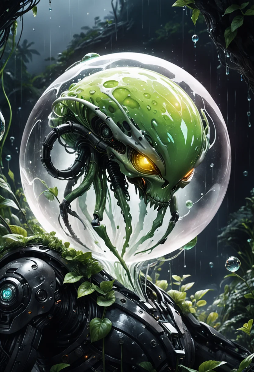 cinematic film still The cyborg's white, rugged exoskeleton has a glass sphere in its body that houses an alien composed of slime,
art work, dark atmosphere, rainy,
Style: science fiction, dark fantasy, hyperrealism, microdetalisation, cluttered, luminous, volumetric.
action pose,
Colour Palette: r, luminous accents.
Abstract Chromatic Backgrounds
hyperrealism, microdetalization, drawing details, watercolor, ink, clear contour, luminous, 3d, threads, multilayer, dark fantasy, dark botanical, color illustration, volumetric. . shallow depth of field, vignette, highly detailed, high budget, bokeh, cinemascope, moody, epic, gorgeous, film grain, grainy
