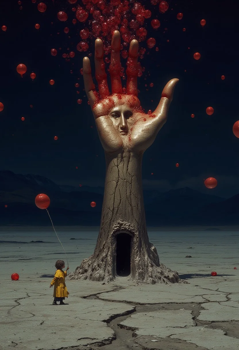 A night-time surreal scene set in an endless dry lake bed, its cracked earth stretching toward distant, shadowed mountains beneath a vast, deep-blue sky. The air is still, silent, but the world feels alive in its stillness. At the center of the scene, a colossal female hand emerges from the fractured ground, embedded in its palm is the face of a young woman. The skin of the hand and face is made of pristine gold and there is a doorway at the base. The young woman's face in the hand smiles at a small girl. 
A small girl in a bright yellow raincoat stands before the massive hand, her tiny figure dwarfed by its presence. She holds a red balloon in one hand, its string barely swaying in the breeze. Her head is tilted back, staring up at the hand’s middle finger, where the largest eye is open, staring directly back at her.
Above them, the sky is filled with thousands of floating red balloons, their vibrant color stark against the deep navy night sky. They drift in all directions, some higher, some lower, as if they are being released by unseen hands. The scene is both quiet and unsettling, something ancient has begun to wake.
The lighting is subtle, the scene bathed in cold moonlight, casting long shadows across the cracked earth. The red balloons glow faintly in the dim light, giving the impression that they are not just balloons, but something more—something watching, waiting.