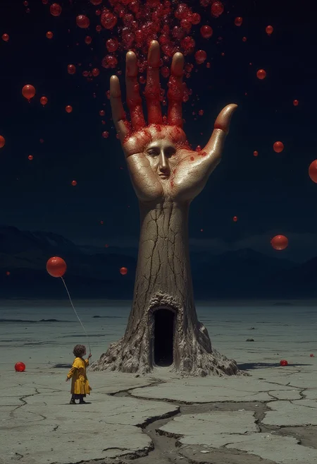 A night-time surreal scene set in an endless dry lake bed, its cracked earth stretching toward distant, shadowed mountains beneath a vast, deep-blue sky. The air is still, silent, but the world feels alive in its stillness. At the center of the scene, a colossal female hand emerges from the fractured ground, embedded in its palm is the face of a young woman. The skin of the hand and face is made of pristine gold and there is a doorway at the base. The young woman's face in the hand smiles at a small girl. 
A small girl in a bright yellow raincoat stands before the massive hand, her tiny figure dwarfed by its presence. She holds a red balloon in one hand, its string barely swaying in the breeze. Her head is tilted back, staring up at the hand’s middle finger, where the largest eye is open, staring directly back at her.
Above them, the sky is filled with thousands of floating red balloons, their vibrant color stark against the deep navy night sky. They drift in all directions, some higher, some lower, as if they are being released by unseen hands. The scene is both quiet and unsettling, something ancient has begun to wake.
The lighting is subtle, the scene bathed in cold moonlight, casting long shadows across the cracked earth. The red balloons glow faintly in the dim light, giving the impression that they are not just balloons, but something more—something watching, waiting.
