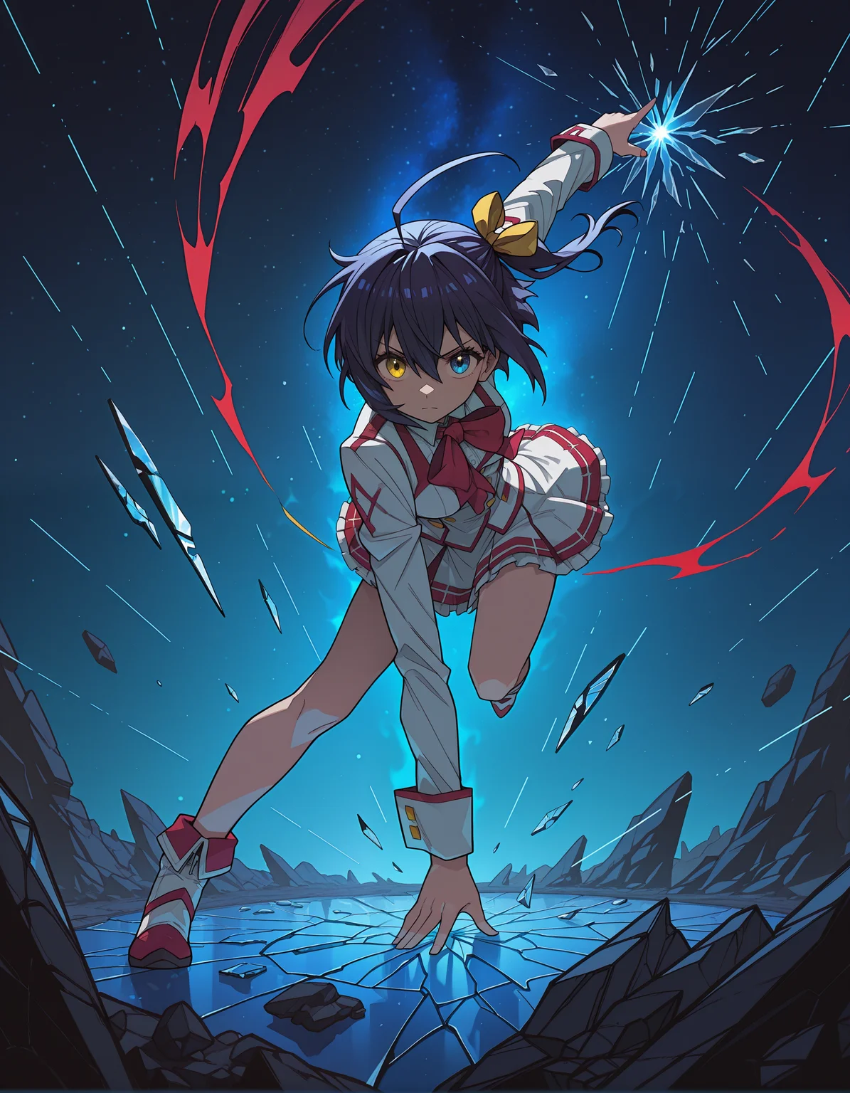 incredibly absurdres, masterpiece, absurdres, high quality,7A3IFRHPR_illu, <lora:hwm4to7A3IFRHPR:1>,takanashi rikka,heterochromia, yellow eyes, blue eyes,  dynamic pose,blue-haired girl, yellow hair bow, glowing blue eye, white feathers, starry night background, dynamic pose, red and white outfit, chains, magical energy, cosmic background, shattered glass effect, ethereal atmosphere, fantasy art style, vibrant colors, detailed illustration, dramatic lighting, action scene, mysterious aura